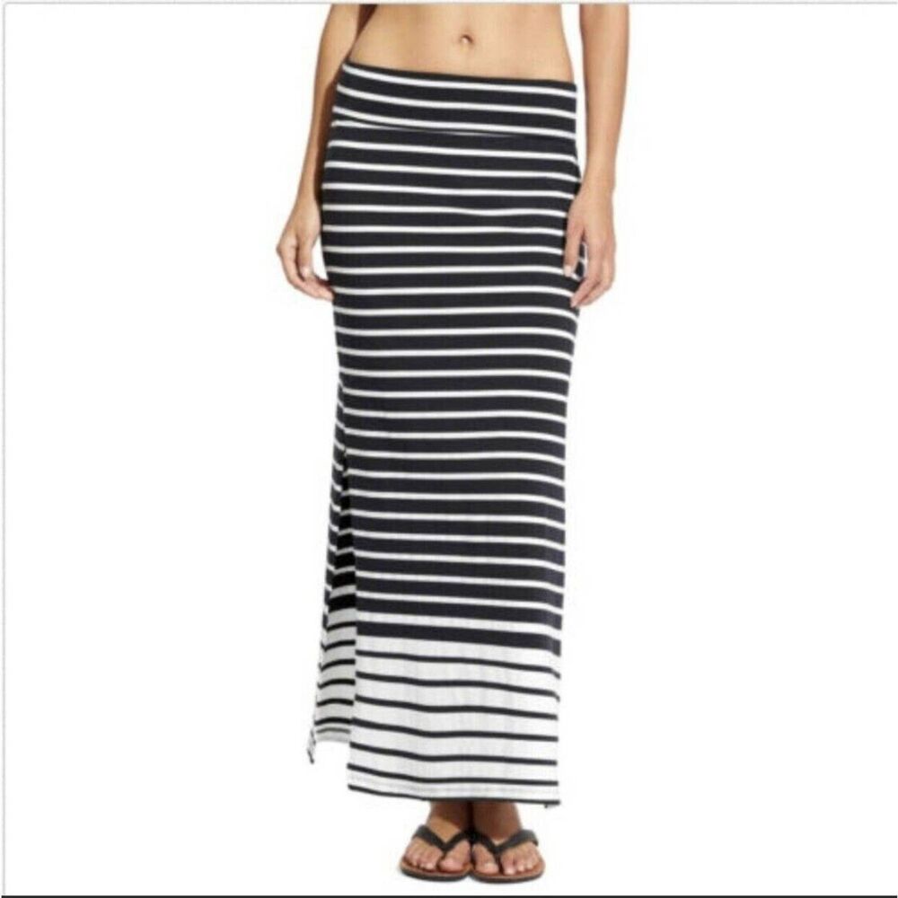 ATHLETA Womens Skirt Small Navy Stripe Maxi Pull On Fold Over High Slits SEASIDE